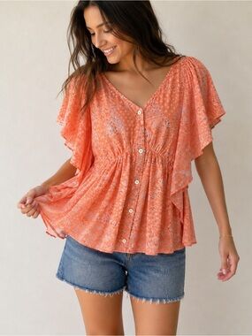 Coral Boho Babydoll Flutter Sleeve Top Paisley Print
